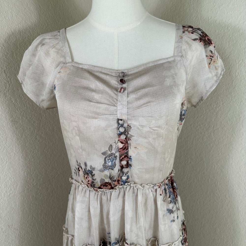 Floral Tiered Dress Women XL Fit Medium Beige Cottagecore Romantic Prairie - Picture 2 of 9